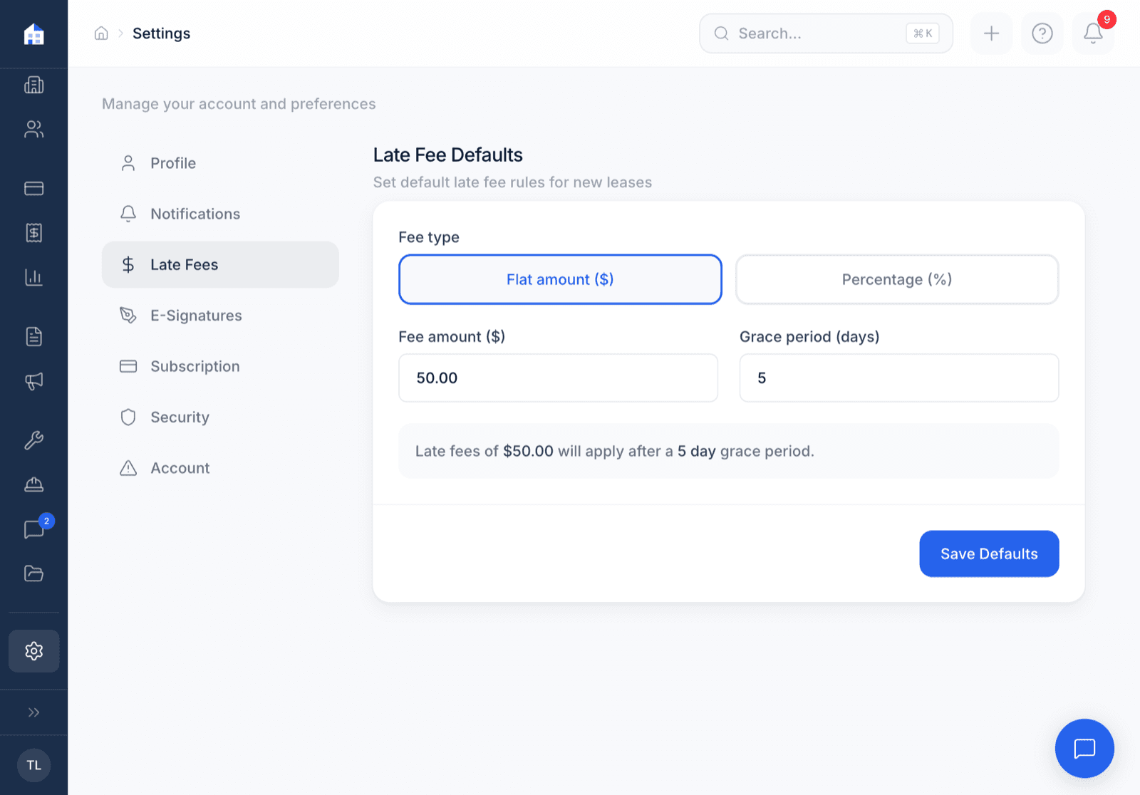 Domara late fee configuration settings