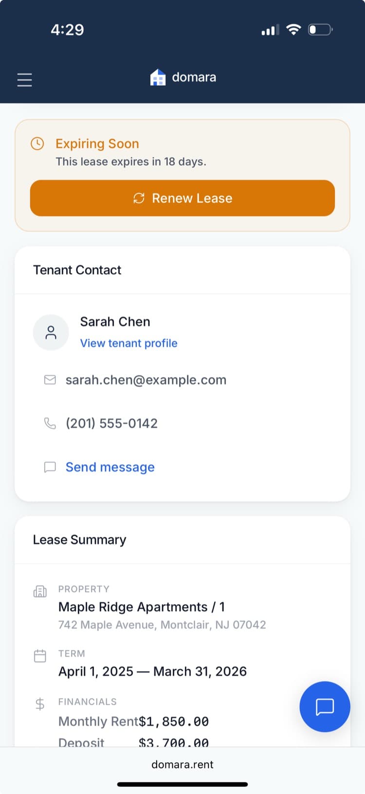 Domara lease dashboard showing all active leases