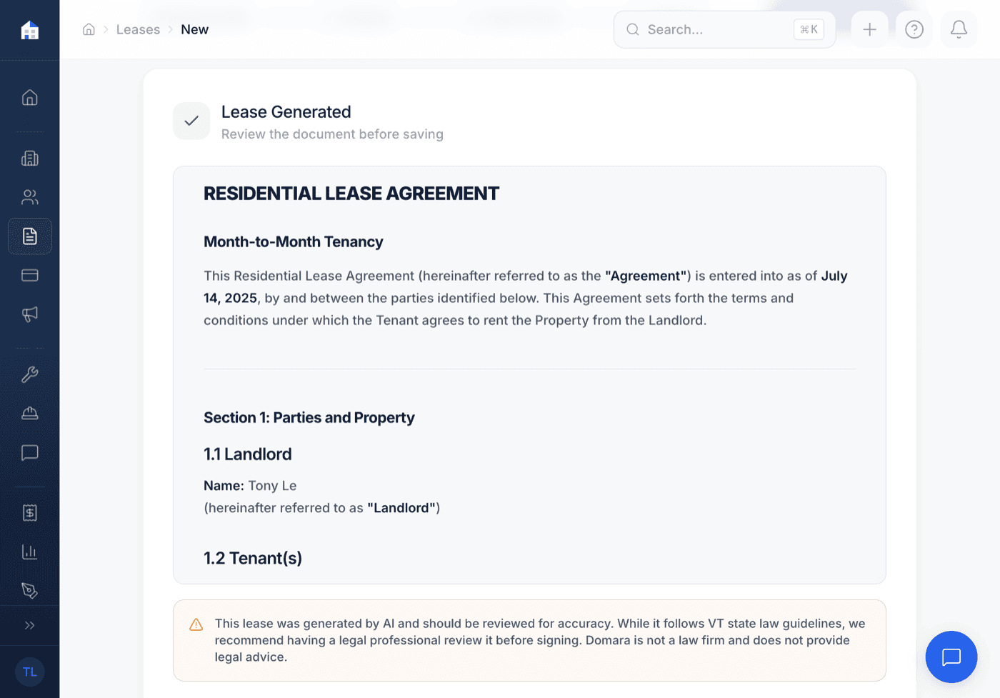 Generated AI lease agreement PDF