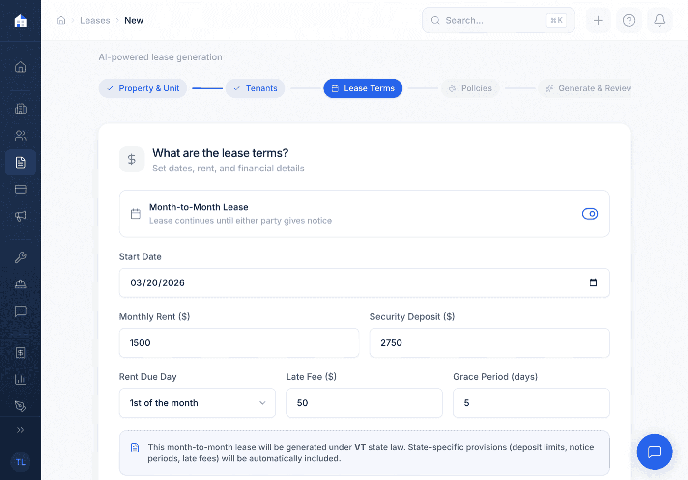 Enter lease terms and details